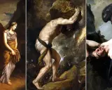 Trois scènes de la mythologie grecque : un couple, Sisyphe poussant son rocher, et un homme torturé par un aigle.