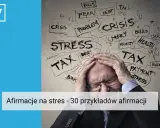 Mężczyzna z rękami na głowie, otoczony słowami związanymi ze stresem: "STRESS", "TAX", "CRISIS".