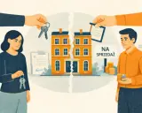 Rozwód a wspólne mieszkanie: dom podzielony na pół, klucze i pieniądze symbolizują trudne decyzje o podziale majątku.