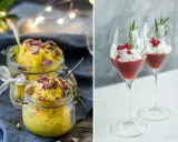 Två härliga desserter, en gul glass med nötter och rosenblad, perfekt för julafton, och två glas med röd kompott, grädde och granris.