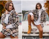 Modelka w beżowo-czarnej koszuli w kratę i białym golfie, stylizacja idealna pod sukienkę. Brązowe legginsy i trapery dopełniają jesienny look.
