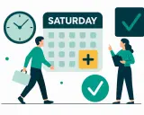 Mężczyzna z teczką idzie do kalendarza z napisem "SATURDAY", gdzie zaznaczono dodatkowy dzień pracy. Nadgodziny w sobotę są faktem.