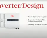 En vit Fronius växelriktare visas, med texten "Inverter/Design" ovanför.