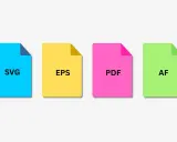 Cuatro iconos de archivos: SVG, EPS, PDF y AF. Cada uno en un color diferente, representando el formato vectorial imagen.