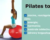 Co to pilates? To mocne, rozciągnięte ciało, energia, harmonia, kontrola oddechu i zdrowy kręgosłup. Kobieta ćwiczy na dużej, czerwonej piłce.