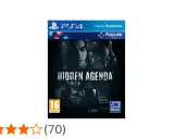 Okładka gry PS4 "Hidden Agenda". Mroczna grafika z twarzami w tle i tytułem gry. Gra wymaga aplikacji mobilnej.