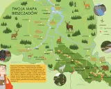Mapa Bieszczadów z zaznaczonymi szlakami, szczytami, schroniskami, jeziorami i zwierzętami.