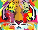 A vibrant, geometric tiger face in the style of easy pop art examples. Its eyes are a striking green, and the entire image bursts with bold, contrasting colors.
