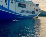 Le ferry "La Méridionale" se prépare à partir, le ballast navire est ajusté pour la traversée. L'eau reflète le ciel doré.