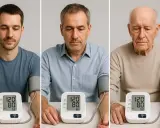 Tre uomini di età diversa misurano la pressione: 120/80, 120/80, 120/80.