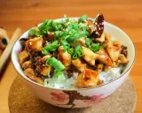 Schüssel mit Reis, Hähnchen und Frühlingszwiebeln, garniert mit Sesam. Ein köstliches Kung Pao Gericht, bereit zum Genießen.