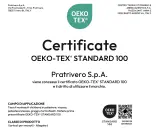 Certificato OEKO-TEX® STANDARD 100 per tessuti Pratrivero S.p.A. che garantisce l'assenza di sostanze nocive.