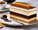 Tranche de tiramisu avec crème fouettée et mascarpone, garnie de billes dorées et de cacao. Un délice multicouche.