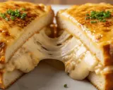 Un fromage croque monsieur dégoulinant, garni de ciboulette fraîche. Le fromage fondu s'étire entre les deux moitiés du sandwich grillé.