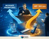 Giudice con martelletto, frecce blu e gialle, laptop, smartphone, chiavetta USB, testo "INCIDENTE PROBATORIO" e "ART. 360 c.p.p.".