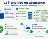 Infographie expliquant la franchise en assurance : définition, types, calculs et rôle. Le **remboursement franchise** est la part du sinistre à la charge de l'assuré.