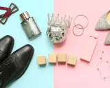 Eleganckie czarne buty męskie i błyszczące srebrne szpilki, idealne buty w prezencie na specjalną okazję.