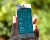 Dłoń trzyma smartfon z wyświetloną prognozą pogody dla Liverpoolu. To najlepsza aplikacja pogodowa, pokazująca słoneczną pogodę i temperatury na najbliższe dni.