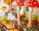 Un lugar mágico con decoración de setas gigantes, ideal para restaurantes para ir con niños en Barcelona.