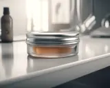 Ein glänzender Tiegel mit orangefarbener pomade wasserbasiert steht auf einer glatten Oberfläche. Im Hintergrund eine braune Flasche.