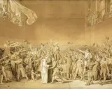 Der Ballhausschwur 1789: Eine Menge von Männern erhebt die Hände in einem Ballhaus, um einen Eid zu schwören.