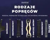 Różne rodzaje popręgów: skórzany, neoprenowy, bawełniany, z owczej skóry, sznurkowy i żelowy.