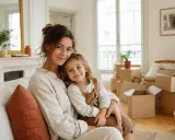 Mère et fille souriantes sur un canapé, entourées de cartons de déménagement. Un nouveau départ après un bail aux 2 noms, malgré la séparation.