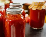 Plusieurs bocaux remplis de coulis de tomates maison, prêts à être dégustés.