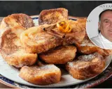 Torrijas al horno, doradas y espolvoreadas con azúcar glas, decoradas con canela y naranja. Un chef sonriente las contempla.