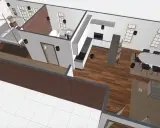 Distribución loft: dormitorio con cama, baño, cocina moderna y salón comedor con mesa ovalada y sofá.