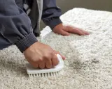 Persona usa un cepillo para limpiar alfombra con bicarbonato, eliminando manchas y malos olores.