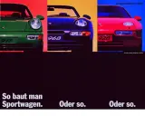 Porsche 911, 968 und 928 in leuchtenden Farben. Die Porsche Werbung zeigt, wie Sportwagen gebaut werden.