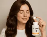 Une femme tient une pilule de vitamine D, un geste pour la santé de ses cheveux.