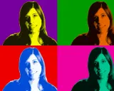 Retrato de mujer con efecto Andy Warhol en cuatro paneles de colores vibrantes: morado, verde, rojo y rosa.