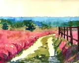 Eine farbenfrohe landschafts malerei mit einem Feld voller leuchtend roter Blumen, einem Feldweg und einem Holzzaun.
