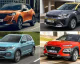 Cuatro tipos de coche modernos: un Peugeot naranja, un Kia gris y amarillo, un Volkswagen azul y un Hyundai rojo.