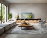 Modernes Wohnzimmer mit großem Sofa, TV-Möbel und Schaukelstuhl. Tolle kabel verstecken ideen für ein aufgeräumtes Ambiente.