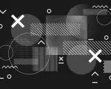 Abstrakcyjny wzór z geometrycznymi kształtami: koła, kwadraty, krzyżyki i linie. Wszystko wykonane w technice druk białym kolorem na czarnym tle.