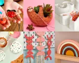 Créations en **diy argile autodurcissante** : porte-plante paresseux, sous-verres terrazzo, décorations murales et arc-en-ciel.