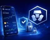 Telefon z aplikacją Crypto.com pokazuje saldo i wykresy kryptowalut. Obok logo Crypto.com i symbol bezpieczeństwa.