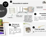 Guide DIY pour un meuble TV : assemblage, fixation des pieds et décoration avec papier adhésif.