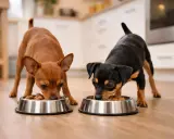 Deux pinschers nains mangent dans leurs gamelles. La quantité de nourriture est adaptée à leur petite taille.