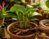 Arrosage d'un curcuma en pot. Des rhizomes orangés émergent de la terre, prêts à être plantés ou récoltés.