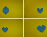 Passaggi per creare un modellino cuore fai da te con origami blu su sfondo giallo.
