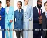 Six men model suits in various shades of blue, from royal blue vs navy blue, showcasing different styles and tones.