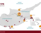 Mapa atrakcji Cypru, ukazująca jego geografię z zaznaczonymi miastami jak Nikozja, Pafos, Limassol i kurortami nad Morzem Śródziemnym.