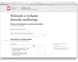 Formularz wniosku o wydanie dowodu osobistego z polami do wyboru powodu, urzędu i dodania zdjęcia.