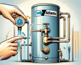 Main d'homme manipulant une vanne pour fermer l'arrivée d'eau froide d'un chauffe-eau Atlantic.