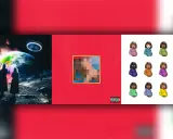 Okładki albumów z kosmiczną sceną, czerwoną z pikselami i ciążowymi emoji. Idealne do słuchania rap bez przekleństw.