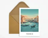 Carte postale de Venise, avec le pont du Rialto et des gondoles. Un poème sur Venise pourrait être écrit sur cette carte.